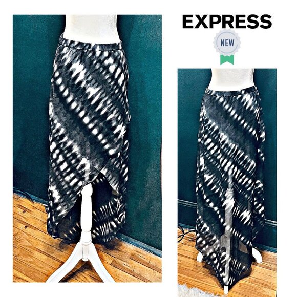 EXPRESS Tie-Dye Graphic Black White Silky Hi-Lo Style Long Skirt NWT Sz S - Picture 1 of 3